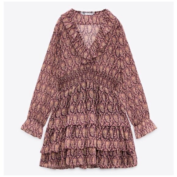 Zara Ruffled Printed Metallic Long Sleeve Mini Dress, Size Small - Picture 7 of 15